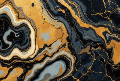The primary subject of the image is a close-up of a marble stone with a gold and black color scheme. The setting is a natural environment, possibly a rock formation or a stone wall. The visual style is a combination of digital art and illustration, creating a unique and intricate design. The colors and mood of the image are rich and luxurious, with the gold and black tones evoking a sense of elegance and sophistication.