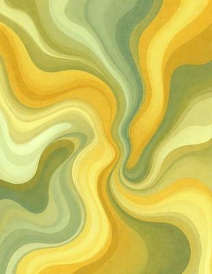 The primary subject of the image is a colorful, abstract artwork featuring a mix of green, yellow, and orange hues. The setting is a wall, and the visual style appears to be a combination of digital art and illustration. The artwork is displayed on a patterned surface, adding to the overall atmosphere of the piece.