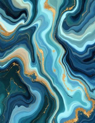 The primary subject of the image is a blue and gold marbled pattern, which is the main focus of the image. The setting is a blue and gold marbled surface, which serves as the backdrop for the pattern. The visual style of the image is a combination of photo and digital art, creating a unique and intricate design. The dominant colors in the image are blue and gold, giving the pattern a rich and luxurious appearance.