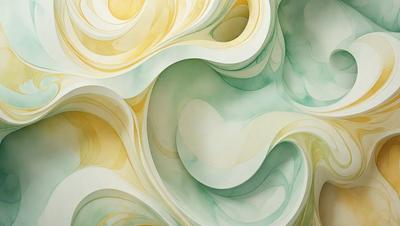 The primary subject of the image is a large, colorful, and abstract painting. The painting features a mix of yellow, green, and blue colors, creating a vibrant and lively atmosphere. The setting is a wall, and the visual style appears to be a combination of digital art and illustration. The painting is displayed on a white wall, which serves as the background for the artwork.