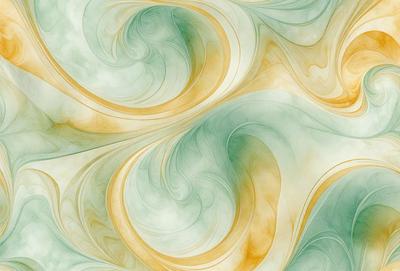 The primary subject of the image is a large, colorful, and swirling pattern. The setting is a wall, and the visual style appears to be a combination of digital art and illustration. The dominant colors in the image are green, yellow, and blue, creating a vibrant and lively atmosphere.
