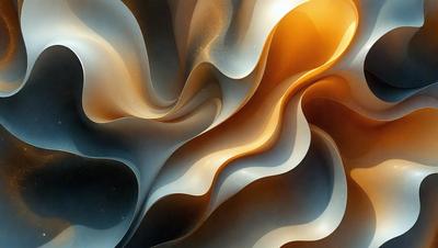 The primary subject of the image is a large, colorful, and abstract artwork featuring a mix of white, orange, and blue colors. The setting is a wall, and the visual style appears to be a combination of digital art and illustration. The artwork creates a vibrant and dynamic atmosphere, making it an eye-catching piece of art.