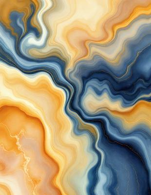 The primary subject of the image is a vibrant and colorful abstract art piece featuring a mix of blue, yellow, and orange hues. The setting is a blue and yellow background, which complements the artwork. The visual style is a combination of digital art and illustration, creating a unique and eye-catching design. The colors and mood of the artwork evoke a sense of energy and creativity, making it an appealing and engaging piece of art.