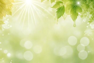 The primary subject of the image is a bright, sunny scene with green leaves and sunlight. The setting is a lush green forest, and the visual style is a combination of a photo and digital art. The colors are predominantly green, and the overall atmosphere is serene and peaceful.