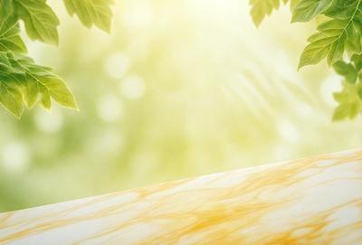 The primary subject of the image is a marble table with a leafy plant on top of it. The setting is a bright, sunny outdoor environment, with the plant's leaves providing a natural backdrop. The visual style is a photo, capturing the natural light and the plant's details. The colors and mood of the image are predominantly warm and inviting, with the sunlight creating a pleasant atmosphere.