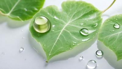 The primary subject of the image is a green leaf with a drop of water on it. The leaf is placed on a white surface, which serves as the background. The visual style of the image is a close-up of the leaf, showcasing its details. The colors in the image are predominantly green, with the leaf being the main focus. The overall atmosphere of the image is calm and serene, as it captures a simple yet beautiful moment in nature.