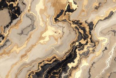 The primary subject of the image is a marble-like pattern with gold and black colors. The setting is a marble-like surface, which serves as the background. The visual style is a combination of a photo and digital art, creating a unique and intricate design. The dominant colors are gold and black, giving the pattern a luxurious and elegant appearance.