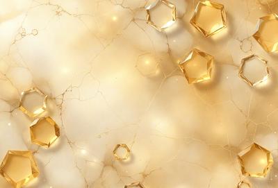 The primary subject of the image is a close-up of a marble surface with gold hexagons embedded in it. The setting is a white marble wall, and the visual style is a combination of a photo and digital art. The colors and mood of the image are predominantly gold and white, creating a luxurious and elegant atmosphere.
