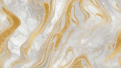 The primary subject of the image is a marble wall with a gold and white pattern. The setting is a room with a marble floor, and the visual style is a close-up of the marble wall. The colors and mood of the image are predominantly gold and white, creating a luxurious and elegant atmosphere.