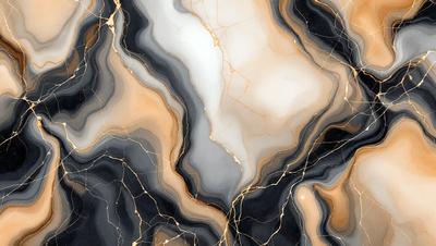 The primary subject of the image is a marble-like stone with a gold and black color scheme. The setting is a marble countertop, and the visual style is a close-up of the stone. The colors and mood of the image are warm and elegant, with the gold and black tones creating a luxurious and sophisticated atmosphere.