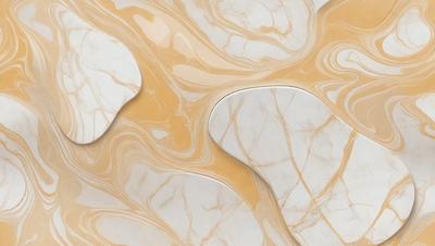 The primary subject of the image is a marble countertop with a unique, swirling pattern. The setting is a kitchen, and the visual style is a close-up of the countertop. The colors and mood of the image are predominantly yellow and earthy tones, giving the countertop a warm and natural appearance.