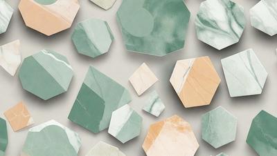The primary subject of the image is a collection of various geometric shapes, including triangles and hexagons, arranged in a visually appealing manner. The shapes are displayed on a white surface, which serves as the setting or background. The visual style of the image is a combination of photo and digital art, creating a unique and intriguing pattern. The dominant colors in the image are shades of green, which contribute to a calming and soothing atmosphere.