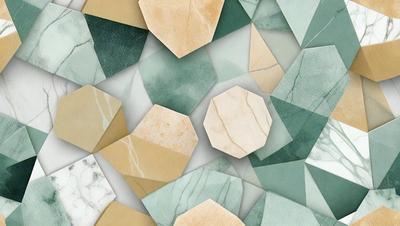 The primary subject of the image is a collection of various colored marble tiles. The setting is a white background, which provides a clean and minimalist appearance. The visual style is a combination of photo and digital art, as the tiles are arranged in a visually appealing manner. The colors and mood of the image are predominantly green and white, creating a sense of freshness and elegance.