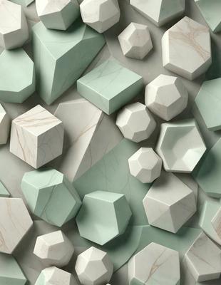 The primary subject of the image is a collection of various geometric shapes, including cubes and triangles, arranged in a visually appealing manner. The setting is a white marble surface, which serves as the background for the shapes. The visual style of the image is a combination of photo and digital art, creating a unique and intriguing pattern. The dominant colors in the image are white and green, giving the scene a clean and fresh appearance.