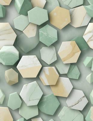 The primary subject of the image is a wall covered with a variety of marble tiles. The setting is a room with a green and white color scheme. The visual style is a combination of photo and digital art, creating a unique and eye-catching pattern. The dominant colors are green and white, giving the wall a clean and elegant appearance.