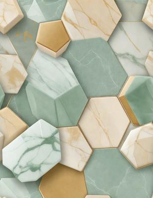 The primary subject of the image is a patterned wall made of marble tiles. The setting is a room with a green and white color scheme. The visual style is a combination of photo and digital art, creating a unique and intricate design. The dominant colors are green and white, giving the wall a clean and elegant appearance.