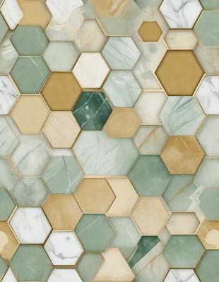 The primary subject of the image is a marble tile wall with a pattern of hexagons. The setting is a bathroom, and the visual style is a photo. The dominant colors are green and white, creating a clean and fresh atmosphere.