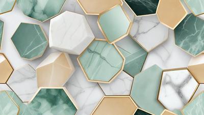 The primary subject of the image is a collection of marble tiles, which are arranged in a visually appealing pattern. The setting is a white marble wall, and the visual style is a combination of photo and digital art. The dominant colors are white and green, creating a clean and fresh atmosphere. The overall mood of the image is elegant and sophisticated.