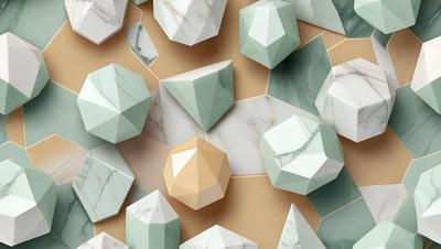 The primary subject of the image is a collection of geometric shapes, including triangles and diamonds, arranged on a marble surface. The setting is a patterned wall, which adds to the visual style of the image. The colors and mood of the image are predominantly neutral, with the marble surface and geometric shapes creating a clean and modern aesthetic.