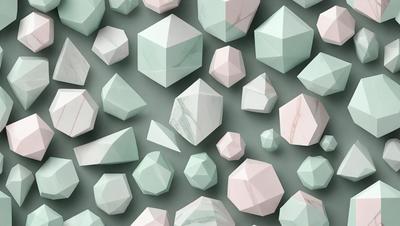 The primary subject of the image is a collection of various geometric shapes, including triangles and cubes, arranged in a visually appealing manner. The setting is a gray background, which provides a clean and minimalist look to the scene. The visual style is a combination of digital art and illustration, creating a unique and eye-catching design. The dominant colors in the image are shades of blue and green, which contribute to a calming and soothing atmosphere.