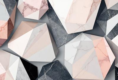 The image features a collection of variously shaped and colored marble tiles. The tiles are arranged in a visually appealing manner, creating a sense of harmony and balance. The primary subject of the image is the marble tiles, which are the main objects, scene, or focus of the image. The setting or background of the image is a grey surface, which provides a neutral and elegant backdrop for the tiles. The visual style of the image is a combination of photo and digital art, as it captures