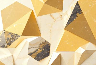 The primary subject of the image is a wall with a marble texture. The setting is a room with a white background. The visual style is a combination of photo and digital art, creating a unique and intricate pattern. The dominant colors are gold and white, giving the wall a luxurious and elegant appearance.