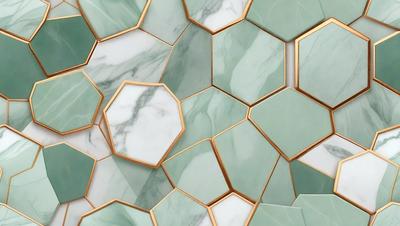 The primary subject of the image is a marble wall with a mosaic pattern. The setting is a bathroom, and the visual style is a photo. The dominant colors are green and white, creating a calm and soothing atmosphere.