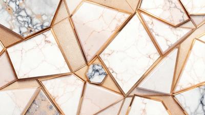 The primary subject of the image is a marble tile with a gold border. The setting is a bathroom, and the visual style is a combination of photo and digital art. The dominant colors are white and gold, creating a luxurious and elegant atmosphere.