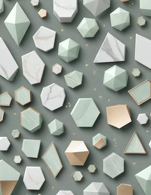 The primary subject of the image is a collection of geometric shapes, including triangles, diamonds, and squares, arranged in various patterns. The setting is a gray background, which provides a neutral and clean appearance. The visual style is a combination of digital art and illustration, creating a modern and artistic look. The dominant colors are gray, white, and various shades of green, which contribute to a calm and sophisticated atmosphere.