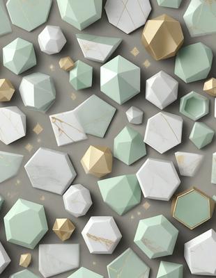 The primary subject of the image is a collection of various geometric shapes, including triangles, squares, and diamonds, arranged in a visually appealing manner. The setting is a gray background, which provides a clean and minimalist look to the composition. The visual style is a combination of digital art and illustration, creating a unique and eye-catching design. The dominant colors are white, gray, and gold, giving the image a sophisticated and elegant appearance.