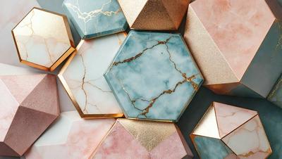 The primary subject of the image is a collection of decorative tiles, which are arranged in a visually appealing manner. The setting is a room with a pink and gold color scheme, giving the space a warm and inviting atmosphere. The visual style of the image is a combination of photo and digital art, creating a unique and eye-catching display. The dominant colors in the image are pink, gold, and various shades of blue, which contribute to the overall mood of the scene.