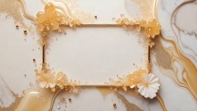 The primary subject of the image is a white frame with a gold border, which is adorned with yellow flowers. The setting is a white background, and the visual style appears to be a combination of digital art and illustration. The dominant colors are white, gold, and yellow, creating a warm and inviting atmosphere.