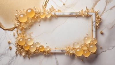 The primary subject of the image is a gold frame with a marble background. The frame is adorned with a string of round, golden beads. The setting appears to be a white marble countertop, and the visual style is a combination of a photo and digital art. The colors and mood of the image are warm and elegant, with the gold beads and marble creating a luxurious and sophisticated atmosphere.
