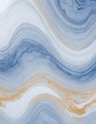 The primary subject of the image is a blue and white marbled tile. The setting is a white tile surface, and the visual style is a close-up of the tile. The dominant colors are blue and white, creating a calm and soothing atmosphere.