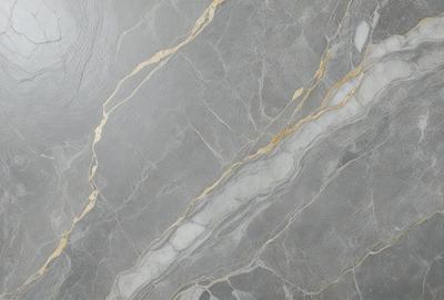 The primary subject of the image is a marble countertop with a patterned design. The setting is a kitchen, and the visual style is a close-up of the countertop. The colors and mood of the image are predominantly gray, giving it a sophisticated and elegant appearance.