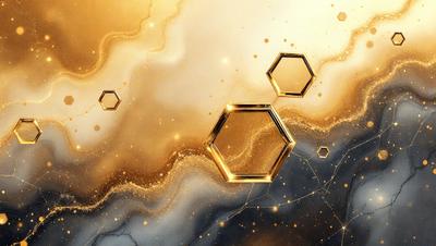 The primary subject of the image is a gold hexagonal shape, which is the main object in the scene. The setting is a background of a gold and black pattern, creating a visually appealing and contrasting environment. The visual style of the image is a combination of photo and digital art, as it appears to be a close-up of a gold hexagonal shape with a black background. The colors and mood of the image are predominantly gold and black, giving it a luxurious and elegant appearance.