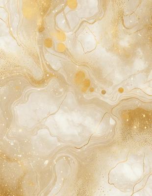 The primary subject of the image is a marble-like surface with a gold-colored pattern. The setting is a white background, and the visual style appears to be a combination of a photo and digital art. The colors and mood of the image are predominantly white and gold, creating a luxurious and elegant atmosphere.
