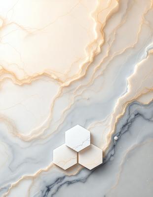 The primary subject of the image is a white hexagonal shape, which is the main focus of the scene. The setting is a marble surface, which serves as the backdrop for the shape. The visual style of the image is a combination of photo and digital art, creating a unique and intriguing appearance. The colors in the image are predominantly white, with some grays and subtle variations, giving the scene a clean and elegant atmosphere.