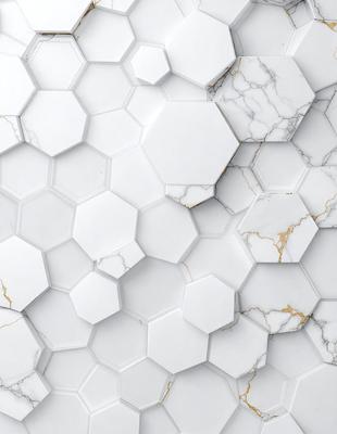 The primary subject of the image is a white marble wall with a pattern of hexagonal shapes. The setting is a room with a white marble floor, and the visual style is a close-up of the marble wall. The colors and mood of the image are predominantly white, giving it a clean and elegant appearance.
