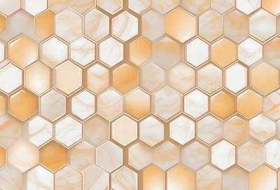 The primary subject of the image is a marble tile wall with a honeycomb pattern. The setting is a room with a beige color scheme. The visual style is a close-up of the marble tile wall, showcasing the intricate pattern. The colors and mood of the image are warm and inviting, with the marble tiles giving a sense of luxury and elegance.