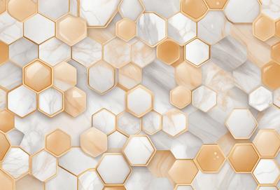 The primary subject of the image is a marble wall with a pattern of hexagonal shapes. The setting is a bathroom, and the visual style is a close-up of the marble wall. The dominant colors are white and beige, giving the wall a clean and elegant appearance.