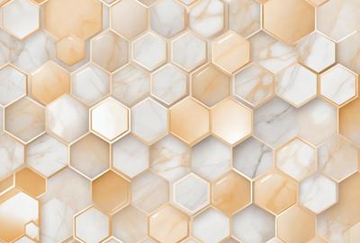 The primary subject of the image is a marble wall with a honeycomb pattern. The setting is a room with a white marble floor. The visual style is a close-up of the marble wall, showcasing the intricate pattern. The dominant colors are white and beige, giving the room a clean and elegant atmosphere.