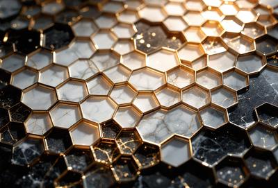 The primary subject of the image is a close-up of a marble surface with a gold pattern. The setting is a black background, and the visual style appears to be a photo. The dominant colors are gold and black, creating a luxurious and elegant atmosphere.
