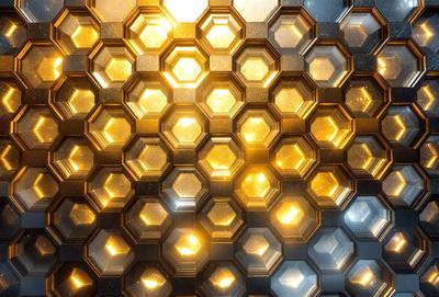 The primary subject of the image is a pattern of hexagonal shapes, which are arranged in a honeycomb-like structure. The setting is a blue background, and the visual style appears to be a combination of digital art and illustration. The dominant colors in the image are yellow and blue, creating a warm and inviting atmosphere.