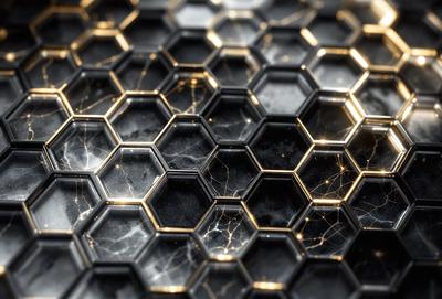 The primary subject of the image is a close-up of a black and gold honeycomb pattern. The setting is a black background, which contrasts with the gold honeycomb pattern. The visual style is a close-up of the honeycomb pattern, showcasing its intricate details. The colors and mood of the image are predominantly black and gold, creating a sense of elegance and sophistication.