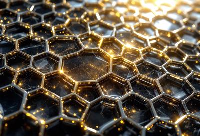 The primary subject of the image is a close-up of a black and gold honeycomb pattern. The setting is a black background, which contrasts with the gold honeycomb pattern. The visual style is a close-up of the honeycomb pattern, which gives a sense of depth and detail. The colors and mood of the image are predominantly black and gold, creating a sense of elegance and sophistication.