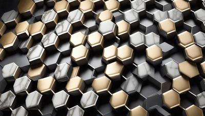 The primary subject of the image is a pattern of hexagonal shapes, which are arranged in a honeycomb-like formation. The setting is a black and white background, which contrasts with the gold and white colors of the hexagons. The visual style is a combination of digital art and illustration, creating a unique and intricate design. The dominant colors are gold and white, giving the pattern a clean and elegant appearance.