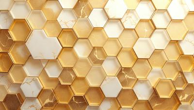 The primary subject of the image is a wall with a pattern of hexagonal shapes. The setting is a room with a gold-colored wall, which adds a luxurious and elegant touch to the space. The visual style of the image is a combination of photo and digital art, creating a unique and intricate pattern. The dominant colors in the image are gold and white, giving the wall a warm and sophisticated appearance.