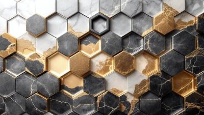 The primary subject of the image is a patterned wall made of marble and gold. The setting is a room with a marble wall, and the visual style is a combination of photo and digital art. The dominant colors are gold and black, creating a luxurious and elegant atmosphere.