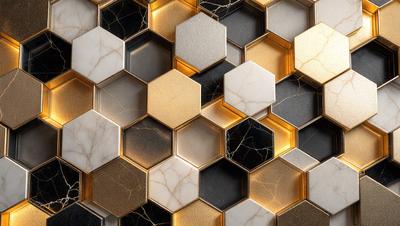 The primary subject of the image is a pattern of hexagonal shapes, which are arranged in a honeycomb-like pattern. The setting is a black and white marble surface, which serves as the background for the pattern. The visual style of the image is a combination of photo and digital art, creating a unique and intricate design. The dominant colors in the image are black and white, giving the pattern a classic and elegant appearance.